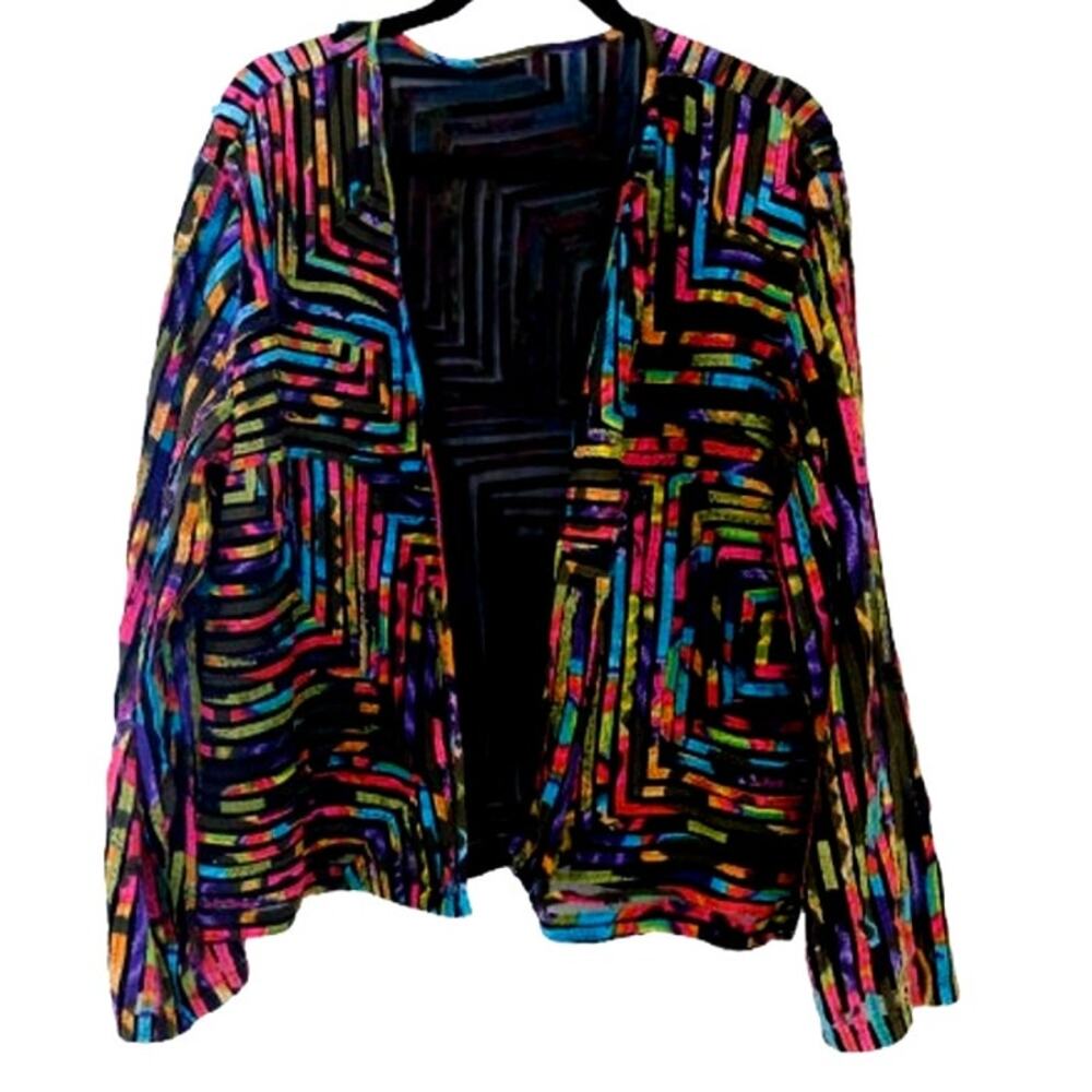 Chico's Wearable Art Rainbow Ribbon Open Front Jacket